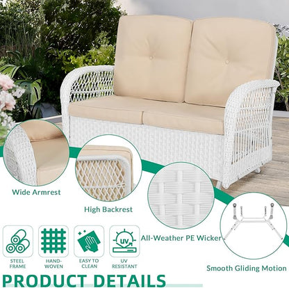 VIVIJASON 4-Piece Outdoor Patio White Wicker Conversation Sets, All Weather Rattan Furniture Set Includes Glider Loveseat, Coffee Table, 2 Glider Rocker Chairs w/Cushion for Lawn Balcony, Beige