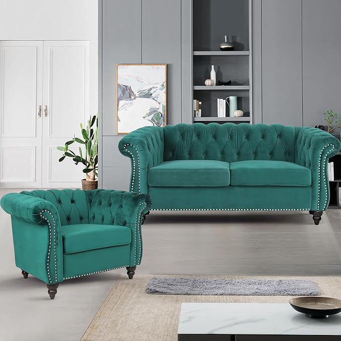 Velvet Loveseat Sofa, Mid Century Modern Upholstered Couch, 62" Oversized Comfy 2 Seater Love Seat Couch with Cushions, Tufted Chesterfield Sofa for Living Room, Bedroom, Apartment (Green)