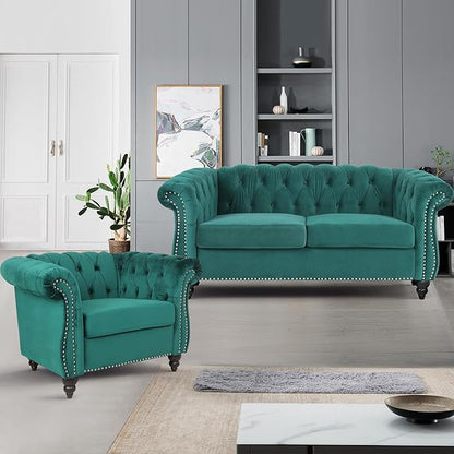 Velvet Loveseat Sofa, Mid Century Modern Upholstered Couch, 62" Oversized Comfy 2 Seater Love Seat Couch with Cushions, Tufted Chesterfield Sofa for Living Room, Bedroom, Apartment (Green)