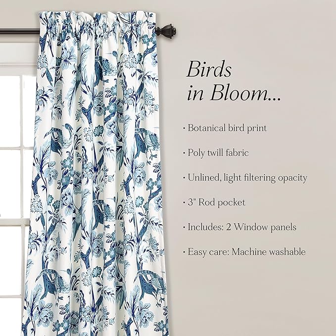 Lush Decor Dolores Light Filtering Window Panels, Pair, 52" W x 95" L, Blue - Floral Curtains for Bedroom - Vintage Curtains - Coquette Room Decor