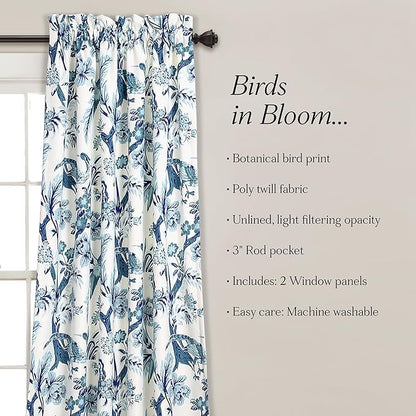 Lush Decor Dolores Light Filtering Window Panels, Pair, 52" W x 95" L, Blue - Floral Curtains for Bedroom - Vintage Curtains - Coquette Room Decor