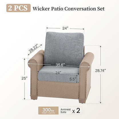 Patio Furniture Set 2 pcs, Wicker Rattan Outdoor Sofa Furniture with 5.5” Thick Cushions, 2 Chairs Outdoor Conversation Set for Garden Backyard Deck, Grey