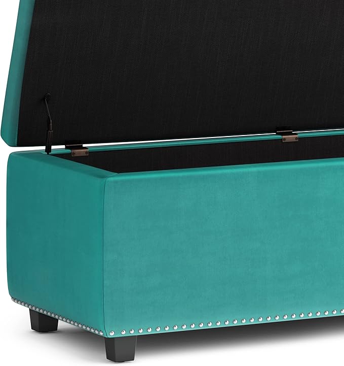SIMPLIHOME Hamilton 48 inch Wide Traditional Rectangle Storage Ottoman in Aqua Blue Velvet Fabric, Assembled for the Living Room, Entryway and Family Room