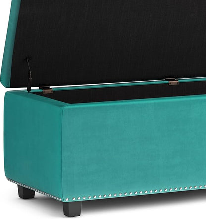 SIMPLIHOME Hamilton 48 inch Wide Traditional Rectangle Storage Ottoman in Aqua Blue Velvet Fabric, Assembled for the Living Room, Entryway and Family Room