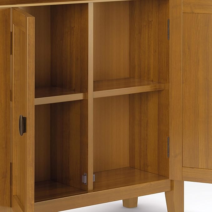 SIMPLIHOME Redmond SOLID WOOD 32 inch Wide Transitional Low Storage Cabinet in Light Golden Brown for the Living Room, Entryway and Family Room