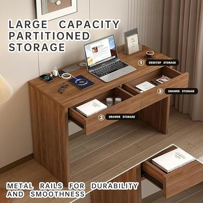 Executive Desk with Drawers, Computer Desk with Drawers with Pre-Embedded Slots, 47 inch Modern Walnut Home Office Desk with Charging Station for Study, Living Room, Bedroom