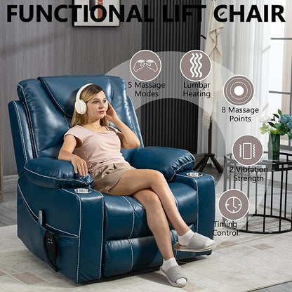 Large Power Lift Recliner Chair Sofa with Massage and Heat for Big and Tall Elderly,Infinite Positions,Dual Motor,Cup Holders,Air Leather Home Theater Seat