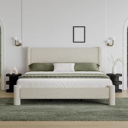 King Size Bed Frame, Boucle Bed Frame with Headborad, Soft Upholstered Platform Bed Frame with Rounded Corners, No Box Spring Required, Easy Assembly, Cream