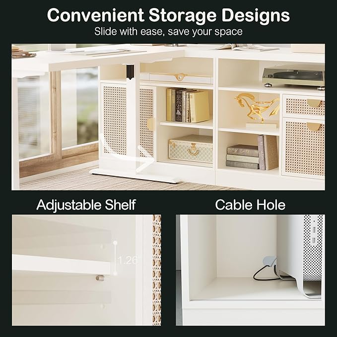Modern Wood Accent Cabinet with Sliding Door, Adjustable Open Shelves & Gold Handle Storage Cabinet for Home Office, 31W*20D*29H, White Rattan