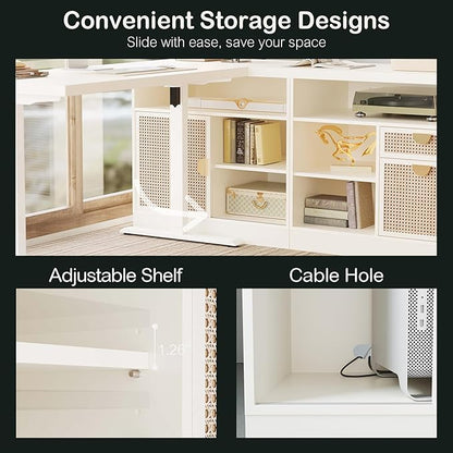 Modern Wood Accent Cabinet with Sliding Door, Adjustable Open Shelves & Gold Handle Storage Cabinet for Home Office, 31W*20D*29H, White Rattan