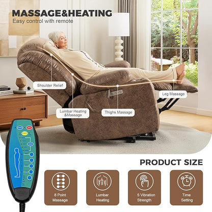 HUSFU Oversized Power Lift Recliner Chairs for Elderly with Massage and Heat, Extra Wide Recliners,Breathable Leather Lift Chairs w/Cup Holders, USB & Type-C Ports, Brown,2PCS