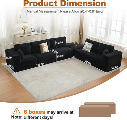 Cloud Modular Sectional Sofa Couch,L-Shape Modern Boneless Sectional Couch with Deep Seat,Upholstered Couches for Living Room Bedroom,No Assembly Required,Black
