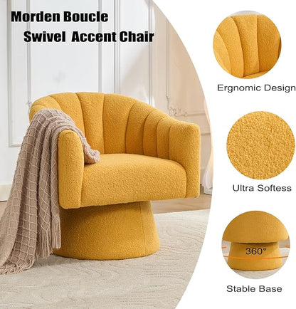 Swivel Accent Chair,Upholstered Teddy 360° Swivel Barrel Chair for Living Room Overstuffed Bouncle Reading Chair Round Armchair for Bedroom,Vanity,Office-Mustard