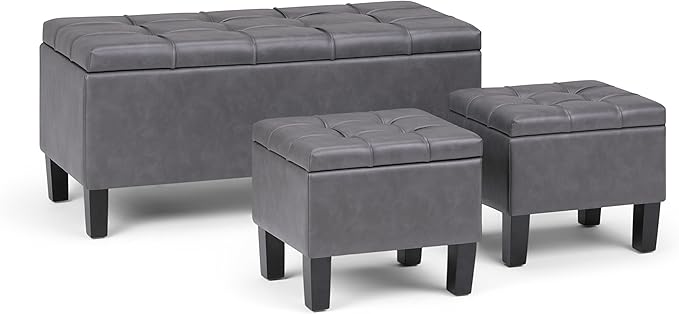 SIMPLIHOME Dover 44 inch Wide Contemporary Rectangle 3 Pc Storage Ottoman in Stone Grey Vegan Faux Leather, Assembled, for the Living Room, Entryway and Family Room