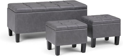 SIMPLIHOME Dover 44 inch Wide Contemporary Rectangle 3 Pc Storage Ottoman in Stone Grey Vegan Faux Leather, Assembled, for the Living Room, Entryway and Family Room