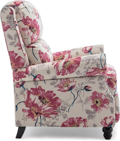 Pushback Recliner Chairs Set of 2, Upholstered Armchair Wingback Recliner Chair, Floral Fabric Push Back Recliner with Wood Legs, Rivet Trim Single Sofa Accent Chair for Living Room, Pattern White