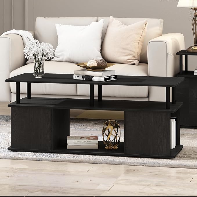 Furinno Jaya Coffee Table, Rectangle Modern Coffee Table with Open Shelf, Side Table with Side Storage, for Living Room, Bedroom, Home Office, Black