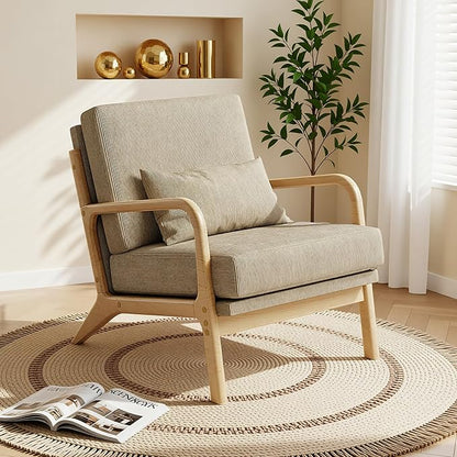 Claiks Mid-Century Modern Accent Chair, Living Room Armchair with Solid Wood Frame & Lumbar Pillow, Comfy Upholstered Lounge Chair for Bedroom, Office, Corduroy, Khaki
