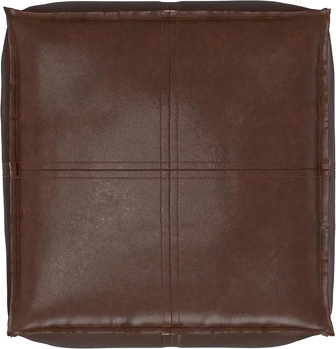 SIMPLIHOME Brody 18-inch Wide Square Pouf in Distressed Dark Brown Vegan Faux Leather, Boho-Style Ottoman, Footstool or Extra Seating for Living Room, Assembled