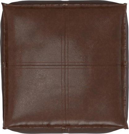 SIMPLIHOME Brody 18-inch Wide Square Pouf in Distressed Dark Brown Vegan Faux Leather, Boho-Style Ottoman, Footstool or Extra Seating for Living Room, Assembled