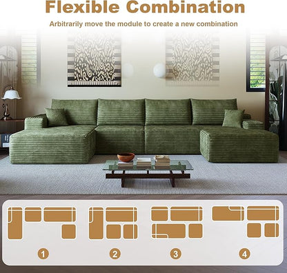 108" Sectional Couches for Living Room Modern Modular Sofa with L-Shape Couchs Upholstered Boneless Couch Deep Seat Sectional Couch with Chaise (Green, Left Facing Chaise+3Seaters+Ottoman)