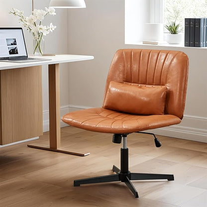 URRED Criss Cross Office Chair, Armless Cross-Legged Desk Chair with Fixed Legs, Height Adjustable Wide Seat Task Vanity Chair for Home Office or Bedroom (Brown)