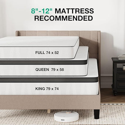 Novilla Full Size Bed Frame, Full Bed Frame with Headboard, Linen Upholstered Pull-Point Wing Side Headboard, No Box Spring Needed, Heavy Duty Feet, Easy Assembly, Beige