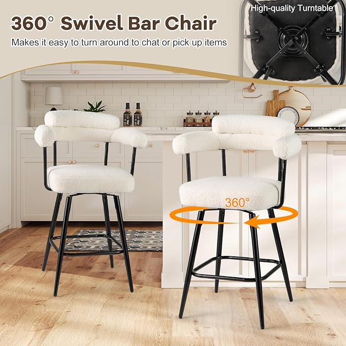 COSTWAY Counter Height Bar Stools Set of 4, 27" Swivel Modern Upholstered Counter Chairs with Boucle Fabric, Curved Backrests & Metal Legs, for Kitchen Island, Home, Pub (4, White + Black)