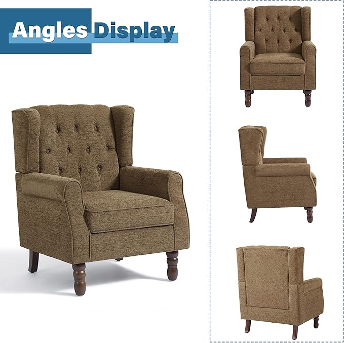 High Back Accent Chair, High Wingback Chair for Living Room, Button-Tufted Upholstered Fabric Armchair with Solid Wood Legs, Comfy Single Sofa Reading Chair for Bedroom, Brown