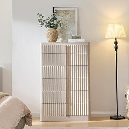 Fluted Dresser for Bedroom, Chest of Drawers, 48" Tall 6 Drawer Dresser, Curved Profile Design, Modern Wooden Chest of Drawers with Solid Wood Handle for Living Room, Bedroom, Hallway