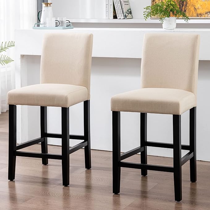 LSSPAID Bar Stools Set of 2, 24.8 Inch Upholstered Fabric Counter Height Stools, Modern Kitchen Island Wood Bar Chairs Barstools with Backrest and Solid Wood Legs, Beige