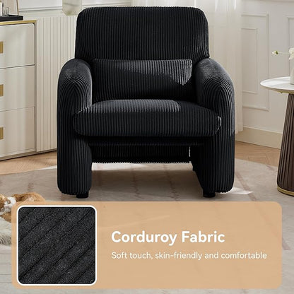 Corduroy Fabric Accent Chair, Modern Upholstered Living Room Chairs with Lumbar Pillow, Wide Comfy Leisure Armchair for Bedroom, Office, Reading, Black