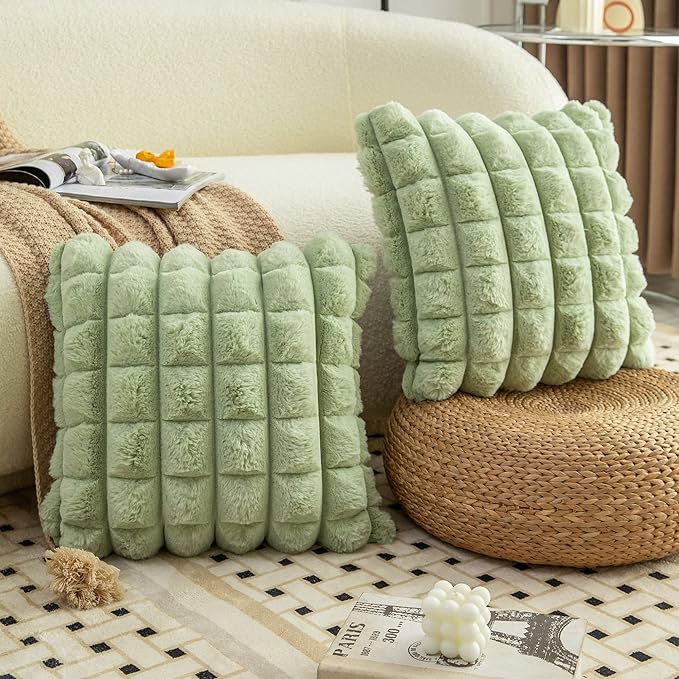 Neelvin Green Faux Fur Cozy Soft Plaid Decorative Throw Pillow Covers 12x20 inch Set of 2,Velvet Pillowcase Cushion Case for Sofa Couch