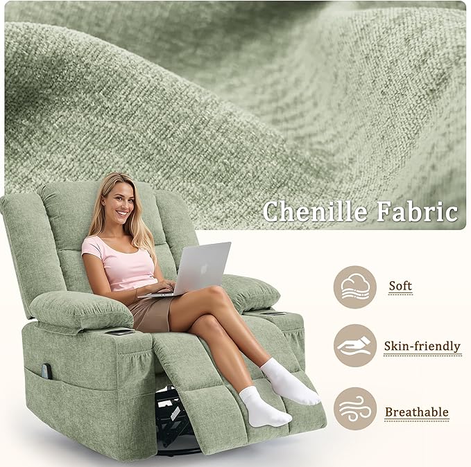 360° Swivel Rocker Recliner for Adults, Nursery Glider Recliner with Massage and Heating, Rocking Chair with Cup Holder, Manual Recliner Chair for Living Room, Bedroom (Fabric, Turquoise)