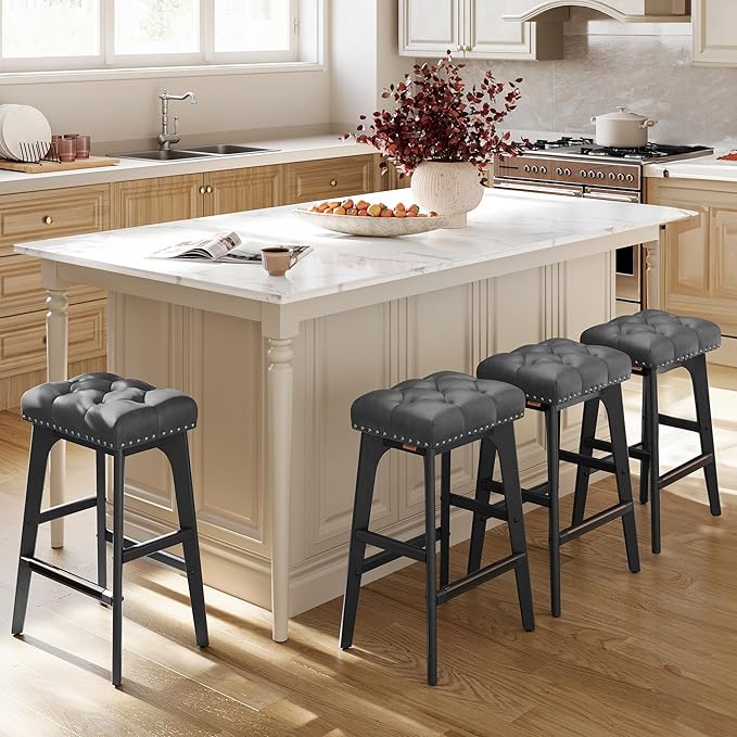 VASAGLE Bar Stools Set of 4, Saddle Counter Height Bar Stools, 26-Inch Backless Kitchen Stools with Wood Legs, PU Leather Thickened Upholstered Barstools for Kitchen Island Dining Room, Ink Black