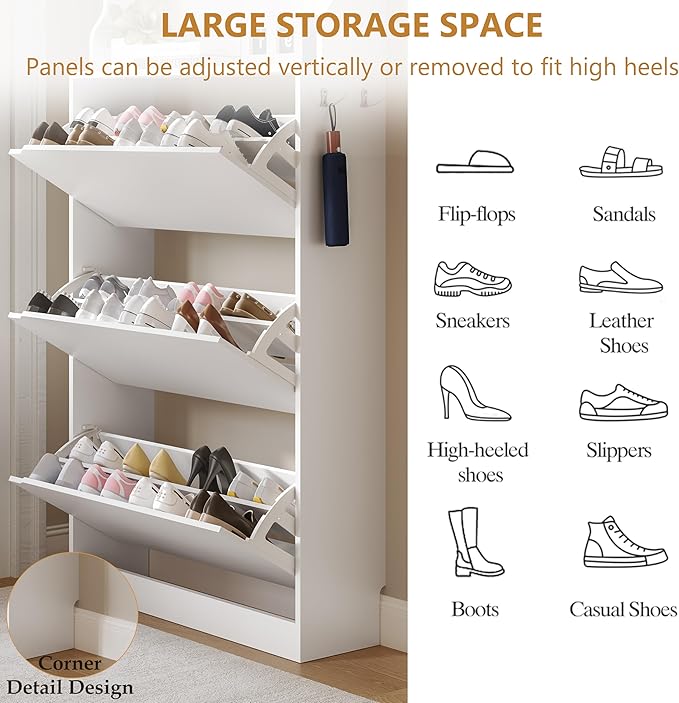Tall Shoe Cabinet with Coat Rack, Hidden Shoe Storage Cabinet with Doors & Drawer, Hanging Bar & Hooks, Slim Narrow Freestanding Shoe Rack Organizer for Entryway, Hallway & Living Room, White