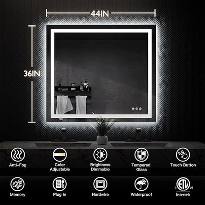 ISKM 44'' x 36'' LED Mirror for Bathroom Lighted Vanity Mirror for Wall Front Lights + Backlit LED Bathroom Mirror Anti-Fog Tempered Glass ETL Listed