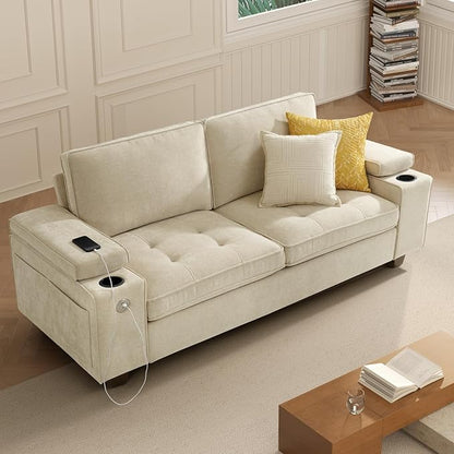 74" Loveseat Couch for Living Room, Modern Chenille Upholstered Sofa with Adjustable Armrest,Storage,Cup Holders,USB & Type-C Ports,Solid Wood 2-Seater Loveseat Sofa for Apartment(Beige)