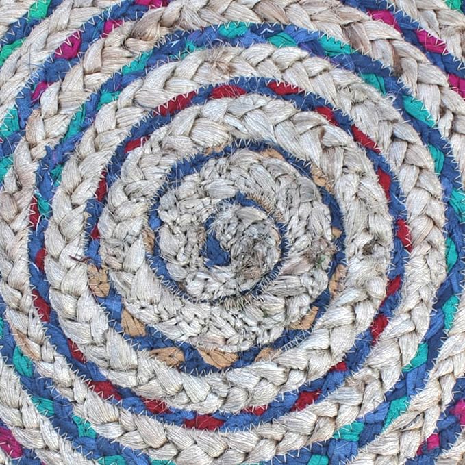 SIMPLIHOME Margo Boho Round Pouf in Blue Braided Jute for the Living Room, Bedroom and Kids Room