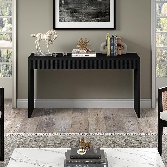 Henn&Hart 55'' Wooden Rectangular Fluted Console Table Entryway Table, Sofa Table for Entryway, Living Room, Couch, Hallway, or Office, Black Grain