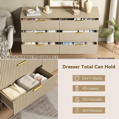 CARPETNAL Fluted 6 Drawer Dresser for Bedroom, 55" Wide Wooden Chest of Drawers with Rounded Corners, Gold Handles, Modern Storage Organizer for Bedroom, Hallway(Beige)