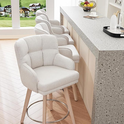 360°Swivel Counter Height Bar Stools with Back, 26 inch Solid Wood Legs, Bar Stool Modern Kitchen Island Chairs, Fabric (Beige- Fabric, 26" H- Set of 2)
