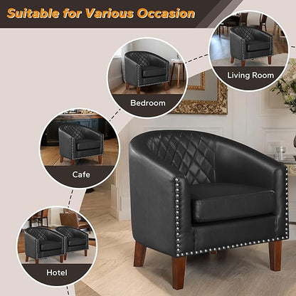 Prilinex Comfy Barrel Accent Chair Set of 4 - Faux Leather Living Room Chair Club Chair with Cushion, Diamond Grid Backrest & Nailhead Trim, Guest Chair for Office, Bedroom & Waiting Room, Black