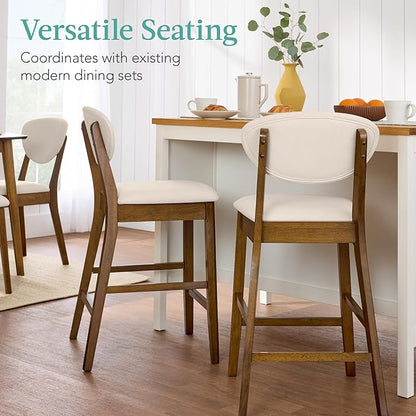 Best Choice Products Bar Stool Set of 2, Mid-Century Modern Upholstered Wood, Armless Counter Height w/Seat Cushion, Backrest - Walnut/Cream