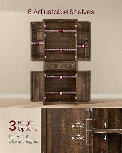VASAGLE Pantry Cabinet, 15.7 x 30 x 71.7 Inches, Freestanding Tall Cupboard Storage Cabinet with a Drawer, 2 Cabinets, 6 Adjustable Shelves, for Living Room, Kitchen, Deep Brown UBBK561K01