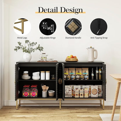 Sideboard Buffet Cabinet with Storage - Accent Storage Cabinet with Doors, Wood 4 Doors Cabinet with Metal Legs, 60" Buffets & Sideboards, Modern Credenza for Living Room (Black)