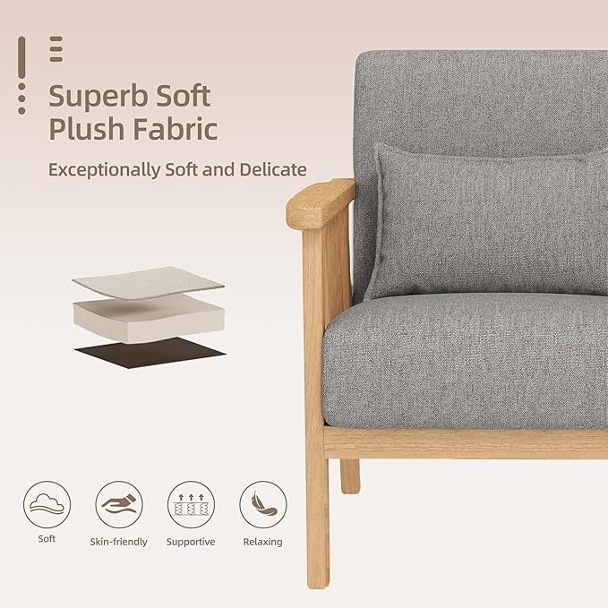 Mid-Century Modern Accent Chair, Linen Armchair and Lounge Chair with Lumbar Pillow, Wide Seat & Solid Wood Frame for Living Room, Bedroom or Balcony （Light Gray）
