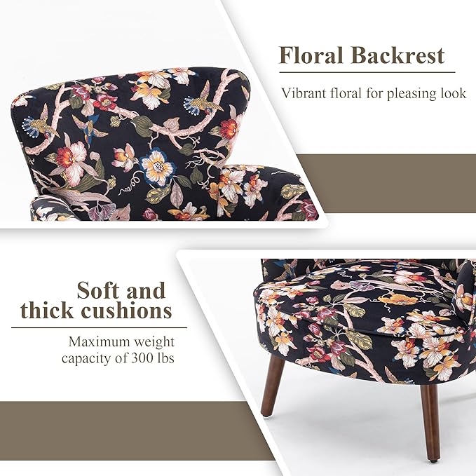 Floral Accent Chair Set of 2, Upholstered Living Room Chairs with Solid Wood Legs, Mid Century Modern Velvet High Back Armchair for Bedroom, Living Room, Black