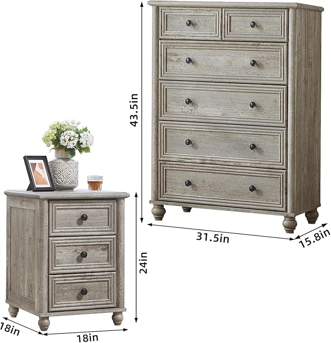 Farmhouse Dressers and Night Stand Set of 3, Wood 43.5'' Tall Dresser and 18'' Wide Chest of Drawers, Roman Column Nightstand Set of 2, Bedroom Furniture Dresser Suites for Living Room, Hallway, Home