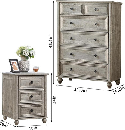 Farmhouse Dressers and Night Stand Set of 3, Wood 43.5'' Tall Dresser and 18'' Wide Chest of Drawers, Roman Column Nightstand Set of 2, Bedroom Furniture Dresser Suites for Living Room, Hallway, Home